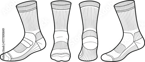 Technical sock illustration, fashion design sketch, front back side views, reinforced heel toe arch, ribbed cuff, garment flat, apparel template