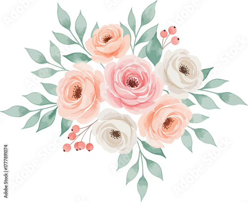 Soft watercolor roses and delicate green leaves arrangement