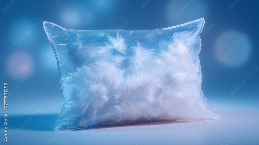 Fototapeta premium A clear transparent pillow stuffed with delicate white feathers on a blue gradient background. Minimalist composition symbolizing softness, comfort, purity, and modern design aesthetics.