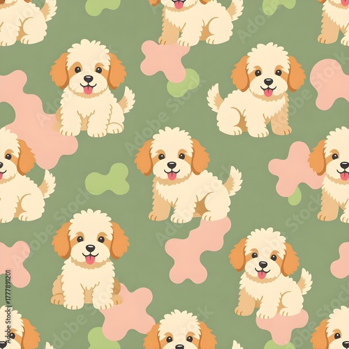 seamless pattern of golden doodle dogs in pink and green  camouflage