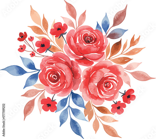Delicate watercolor roses and autumn leaves floral arrangement