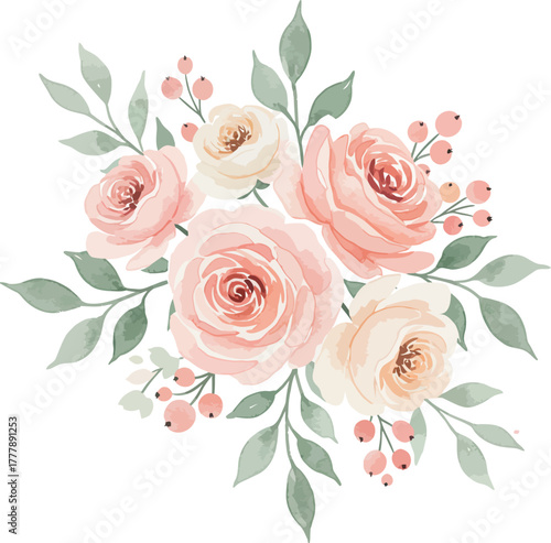 Delicate watercolor pink roses and green leaves floral arrangement