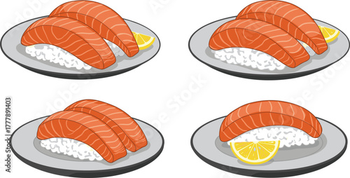 Salmon nigiri sushi, Japanese cuisine, food photography, sushi plate, lemon garnish, seafood dish, traditional sushi, restaurant serving, gourmet meal