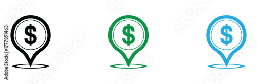 Discover profitable locations with these versatile dollar sign map pin icons, perfect for finance and business concepts.
