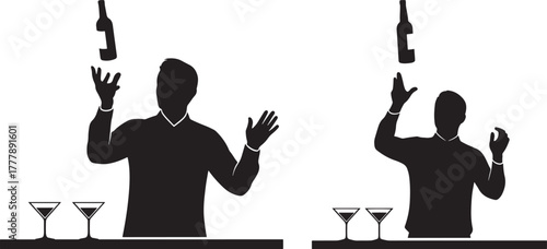 Bartender silhouette juggling bottles silhouette