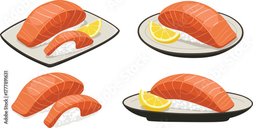 Salmon nigiri sushi, Japanese cuisine, raw fish, vinegared rice, lemon garnish, food styling, sushi plate, seafood, sashimi, gourmet