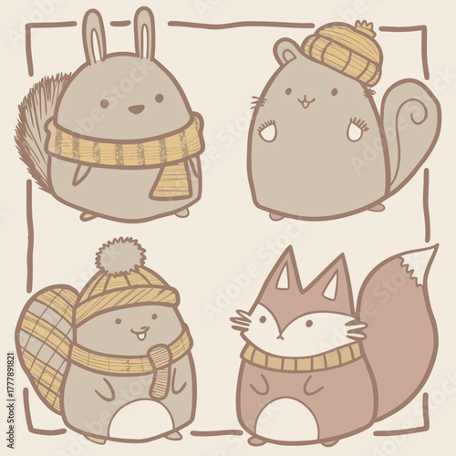 Cute cartoon animals wearing hats and scarves in winter theme  