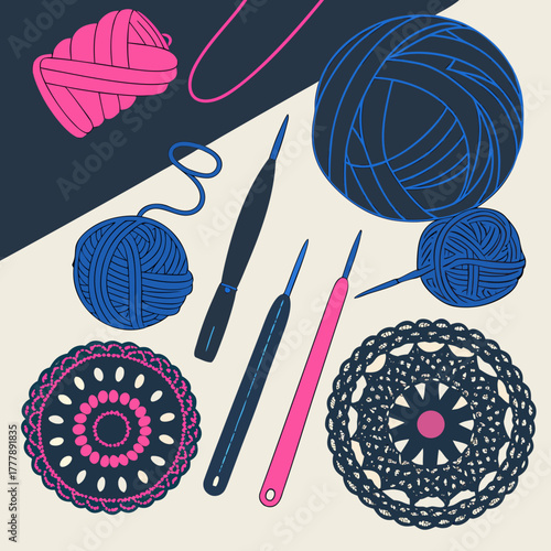 Yarn balls and crochet tools in minimalist graphic design style  