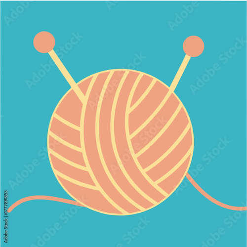 Yarn ball with knitting needles in pastel colors on blue background  