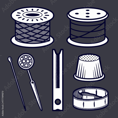 Sewing tools including thread, thimble, needle, and measuring tape  