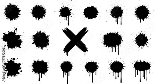 Black Paint Splatter and Drips Grunge Textures - Abstract Ink Stains, Cross Mark