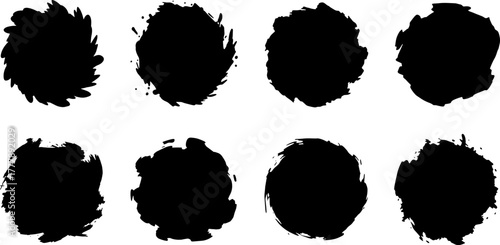 Set of 8 Black Grunge Circles, Ink Splatter Brush Strokes, Isolated on White