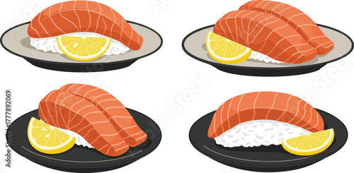 Salmon nigiri sushi, Japanese cuisine, raw fish, vinegared rice, lemon wedge, food styling, gourmet plate, seafood, sashimi, minimal