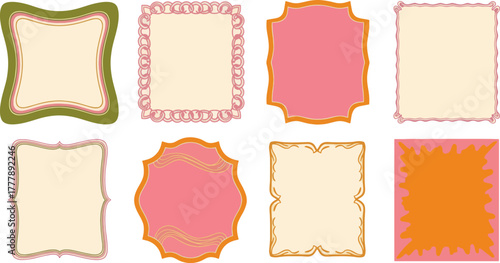 Set of 8 Decorative Vintage Style Borders and Frames, Pink, Orange, Green