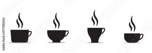 Coffee mug and tea cup vector icon set. Black silhouette collection with steam and heart symbols for cafe logo, coffee shop branding, menu design or hot drink element.