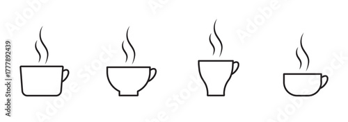 Set of simple line art icons featuring a steaming hot coffee cup on a saucer and a mug. Minimalist vector outline illustration for cafe menus.