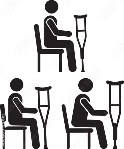People sitting on chairs with crutches silhouette