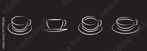 Set of simple line art icons featuring a steaming hot coffee cup on a saucer and a mug. Minimalist vector outline illustration for cafe menus.