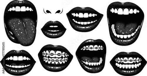 Collection of Diverse Mouths with Black Lipstick, Teeth, Braces, and Tongue Out