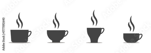 Coffee cup and mug silhouette icon set. Vector collection of hot drink symbols with steam. Minimalist flat graphic design elements for cafe, beverage, tea, or espresso logo.