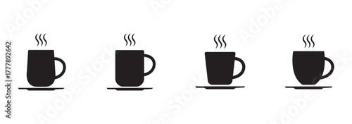 Coffee cup and mug silhouette icon set. Vector collection of hot drink symbols with steam. Minimalist flat graphic design elements for cafe, beverage, tea, or espresso logo.
