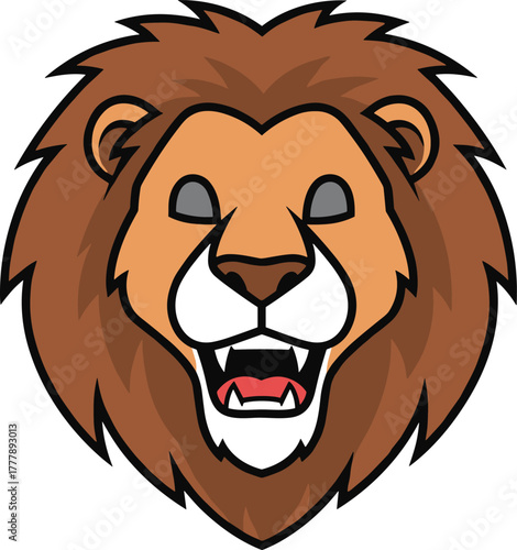 Fierce cartoon lion head illustration with open mouth, roaring expression, wild jungle animal mascot, strong king of beasts vector art