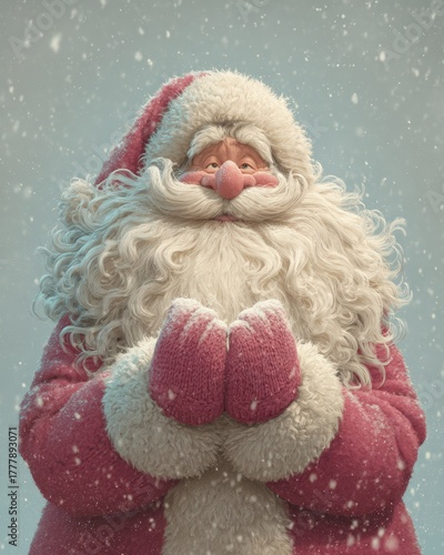 A cheerful, animated Santa with fluffy hair and a pink coat stands in the snow, clasping his hands together, This image is perfect for holiday marketing, greeting cards, or festive decorations,