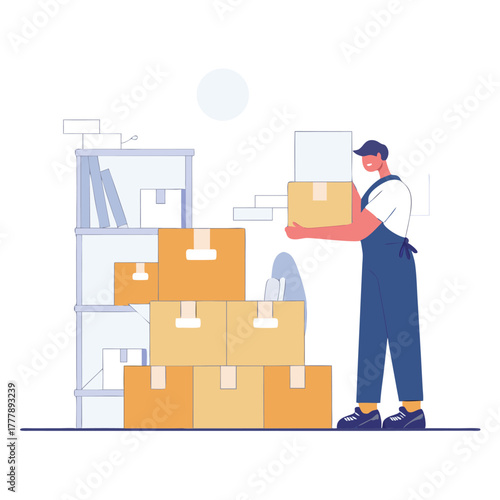 Smiling worker stacking boxes in a modern warehouse, logistics and delivery concept.