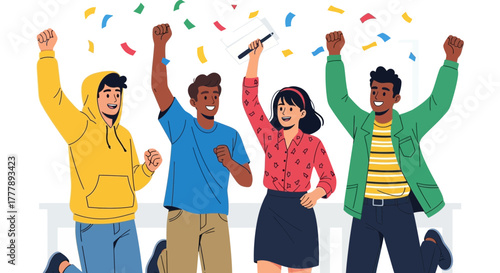 Joyful Group Celebrating Victory With Colorful Confetti in a Vector Illustration