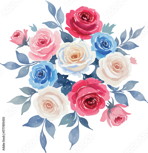 Vibrant watercolor bouquet of roses in various colors with delicate blue leaves