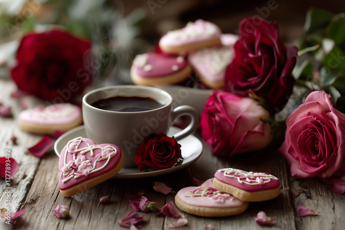Valentines still life with coffee, roses and iced heart cookies