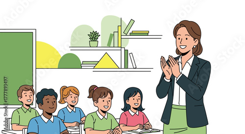 Joyful Teacher Applauds Students in a Classroom with Enthusiasm and Dedication