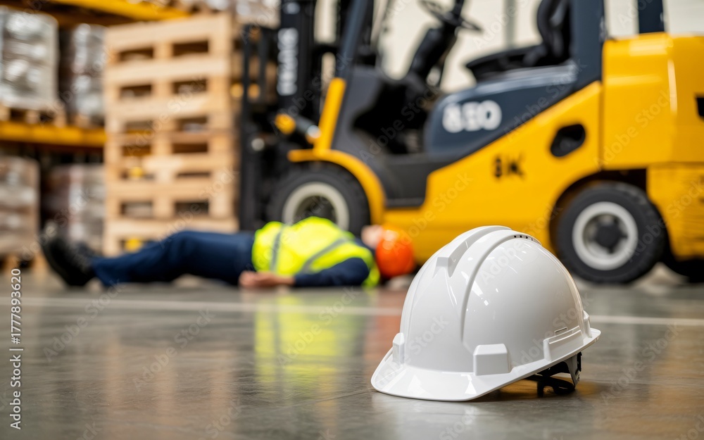 Obraz premium A workplace accident is depicted with a worker lying on the floor in front of a yellow forklift, while a white hard hat lies in the foreground.