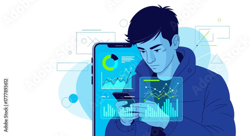 Man Analyzing Data on Smartphone With Futuristic User Interface in Vector Illustration