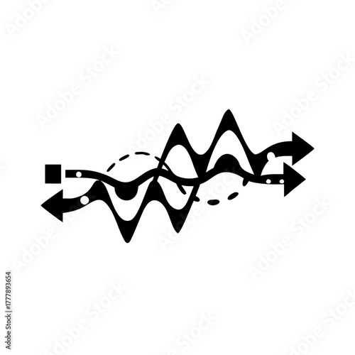 Abstract black and white illustration with arrows waves and dotted circles creating a dynamic flow graphic
