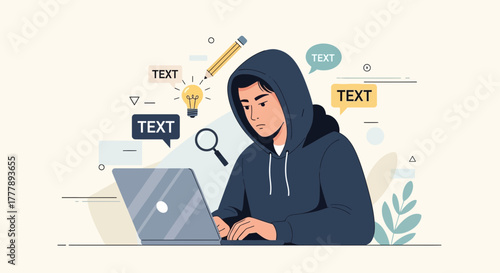 Man In A Hood Uses Laptop For Internet Research And Information Gathering