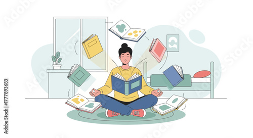 Meditative Reading and Literary Escapism: Person Surrounded by Floating Open Books