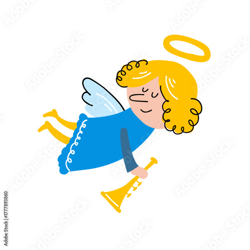 Cute angel playing trumpet vector illustration, christmas messenger