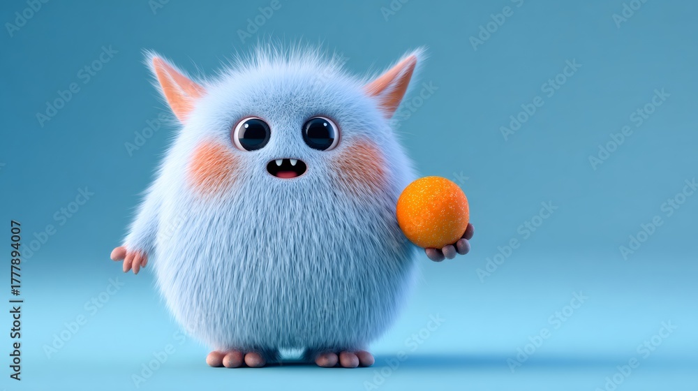 Fototapeta premium Funny fluffy monster with big eyes holding orange sphere. Cute cartoon character with soft fur for kid content. Creative mascot.