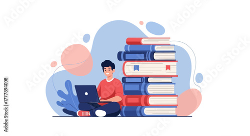 Online Learning Person Surrounded By Books, Education, Digital Study, and Knowledge Acquisition