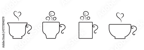 Coffee cup outline icons on beige, A set of coffee cup outline icons with steam in various styles, displayed on a beige background, perfect for cafe themes.