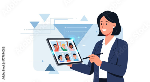 Online Meeting Woman Showing a Tablet Screen to People Remotely Interacting Digitally