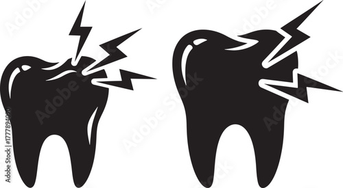 Two black tooth silhouettes with lightning bolt pain