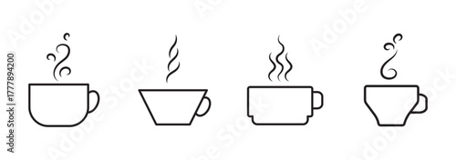 Coffee cup outline icons on beige, A set of coffee cup outline icons with steam in various styles, displayed on a beige background, perfect for cafe themes.