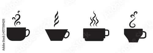 Coffee mug and tea cup vector icon set. Black silhouette collection with steam and heart symbols for cafe logo, coffee shop branding, menu design or hot drink element.