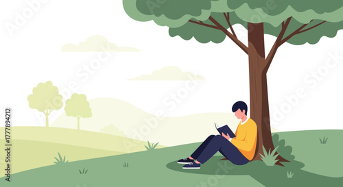 Person Reading Under Tree Enjoying Peaceful Moment In Nature And Relaxing Scene
