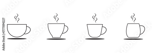 Coffee cup outline icons on beige, A set of coffee cup outline icons with steam in various styles, displayed on a beige background, perfect for cafe themes.