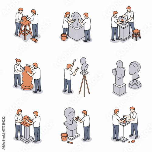 Isometric Outline Artisan Crafting Clay Sculpture with Tools Illustration