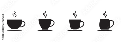 Coffee mug and tea cup vector icon set. Black silhouette collection with steam and heart symbols for cafe logo, coffee shop branding, menu design or hot drink element.
