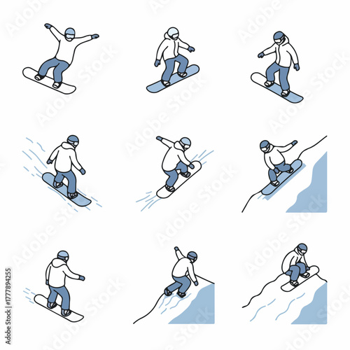 Isometric Outline Snowboarder Figure Illustration in Various Poses on Snow Mountain